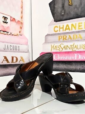 Born Black Leather Heeled Clog Sandals